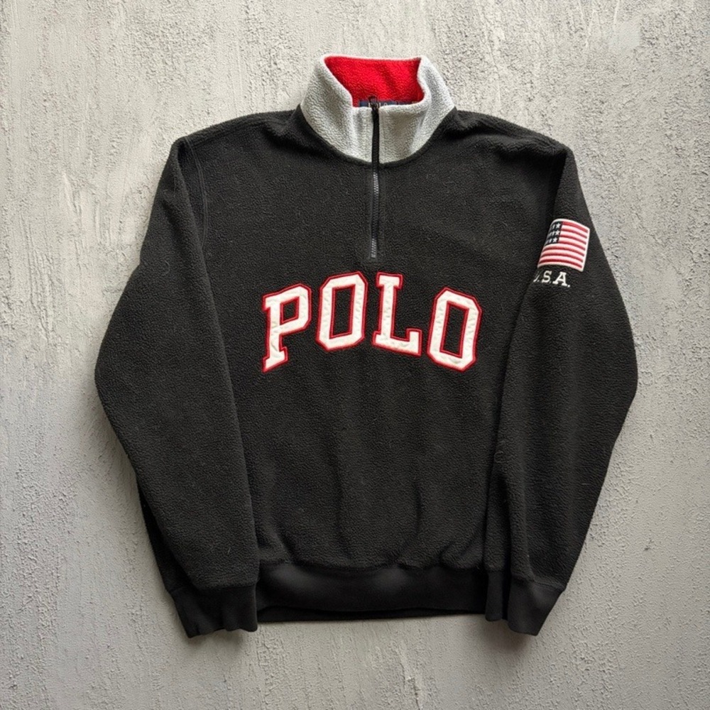 Polo Ralph Lauren 1/4 Zip Fleece Pullover Medium Black USA Flag